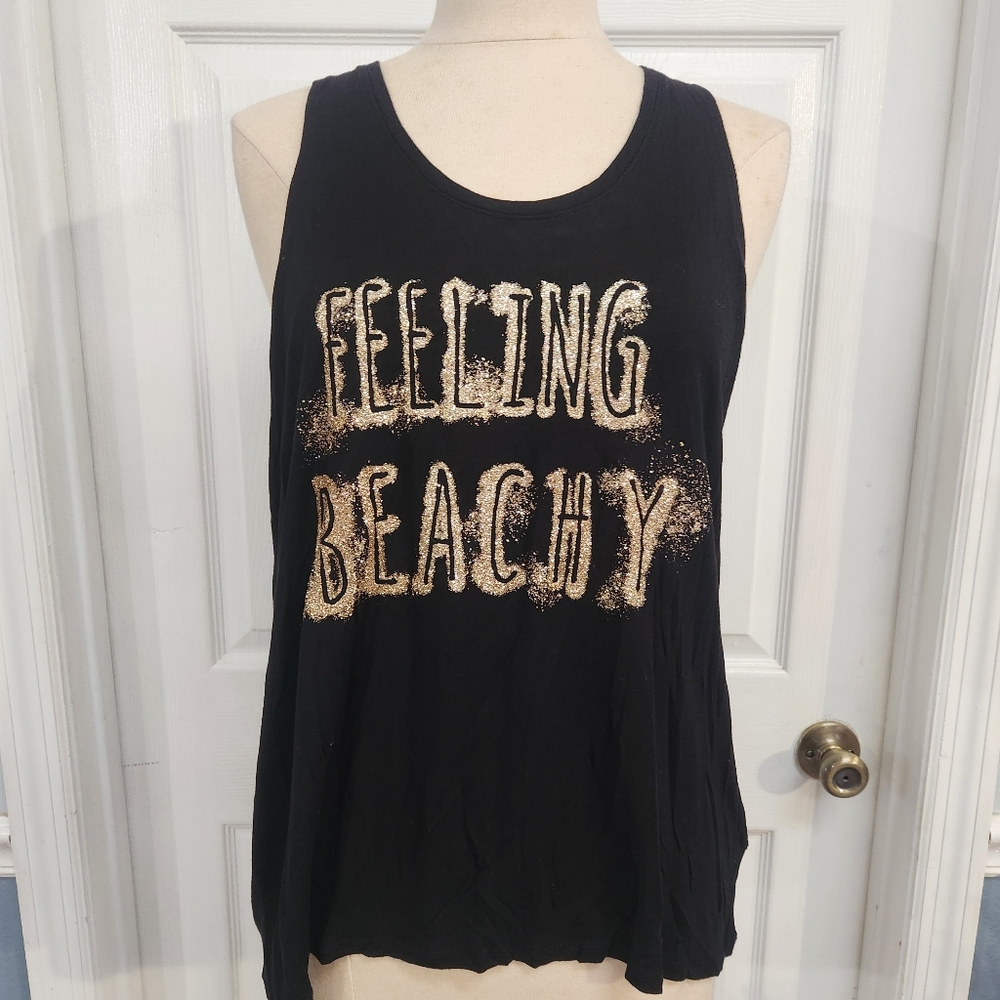 Juicy Couture Black Tank Top with Feeling Beachy Written In Gold Glitter - Picture 1 of 9
